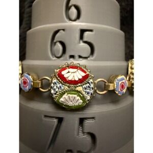 Vintage Made in Italy Micro Mosaic Floral Link Bracelet Brass Tone 7.5 Inch